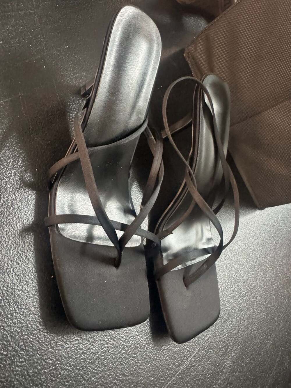 Black Square Toe Strappy Thong Heeled Sandals